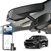 Mangoal 2 channel dash cam with STARVIS sensor, features smartphone app control, front 4K UHD and rear Full HD recording, GPS tracking, and Chevy Blazer models in the background.