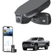 Mangoal 2 channel dash cam with STARVIS sensor, features smartphone app control, front 4K UHD and rear Full HD recording, GPS tracking, and Chevy Colorado models in the background.