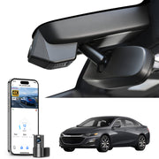 Mangoal 2 channel dash cam with STARVIS sensor, features smartphone app control, front 4K UHD and rear Full HD recording, GPS tracking, and Chevy Malibu models in the background.