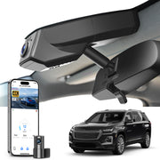 Mangoal 2 channel dash cam with STARVIS sensor, features smartphone app control, front 4K UHD and rear Full HD recording, GPS tracking, and Chevy Traverse models in the background.