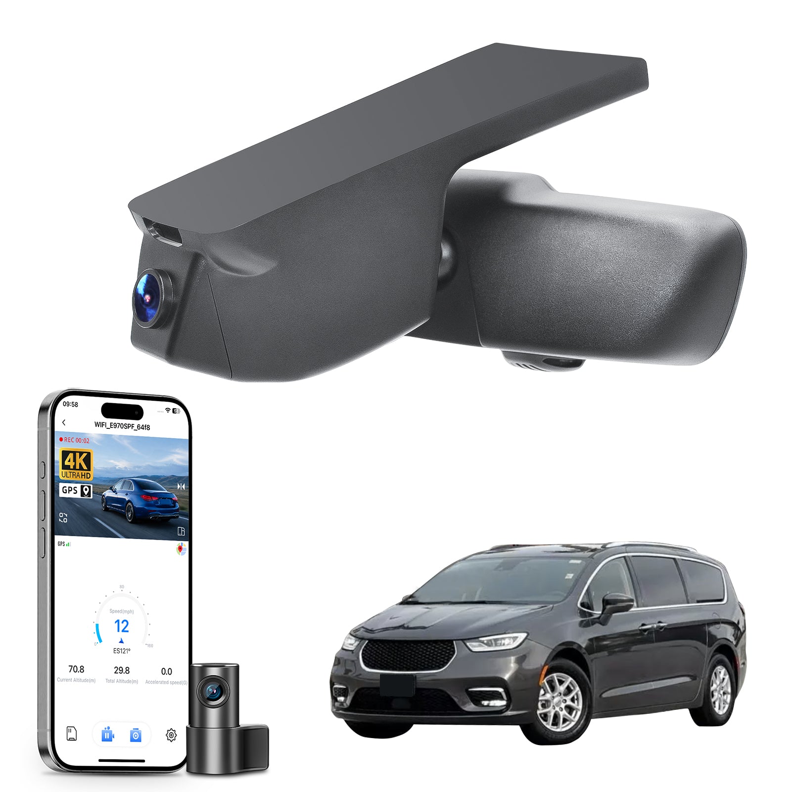 
Mangoal 2 channel dash cam with STARVIS sensor, features smartphone app control, front 4K UHD and rear Full HD recording, GPS tracking, and Chrysler Pacifica models in the background.