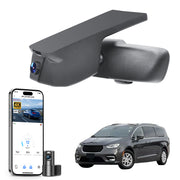 
Mangoal 2 channel dash cam with STARVIS sensor, features smartphone app control, front 4K UHD and rear Full HD recording, GPS tracking, and Chrysler Pacifica models in the background.