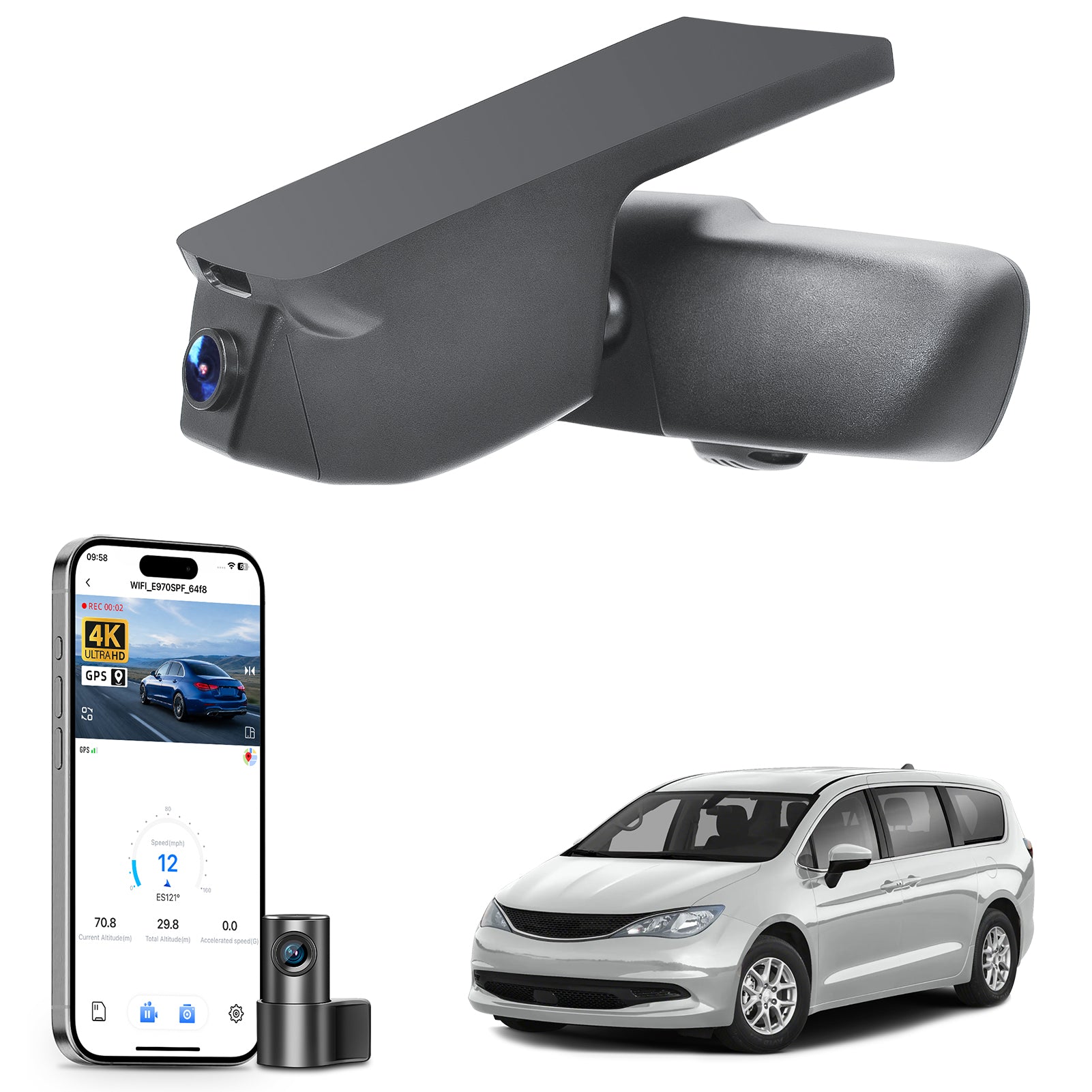 Mangoal 2 channel dash cam with STARVIS sensor, features smartphone app control, front 4K UHD and rear Full HD recording, GPS tracking, and Chrysler Voyager models in the background.
