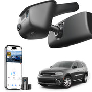 Mangoal 2 channel dash cam with STARVIS sensor, features smartphone app control, front 4K UHD and rear Full HD recording, GPS tracking, and Dodge Durango models in the background.