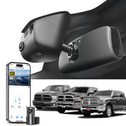 Mangoal 2 channel dash cam with STARVIS sensor, features smartphone app control, front 4K UHD and rear Full HD recording, GPS tracking, and Dodge RAM in the background.