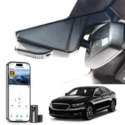 Mangoal 2 channel dash cam with STARVIS sensor, features smartphone app control, front 4K UHD and rear Full HD recording, GPS tracking, and Ford Taurus models in the background.