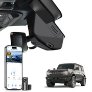 Mangoal 2 channel dash cam with STARVIS sensor, features smartphone app control, front 4K UHD and rear Full HD recording, GPS tracking, and Ford Bronco models in the background.