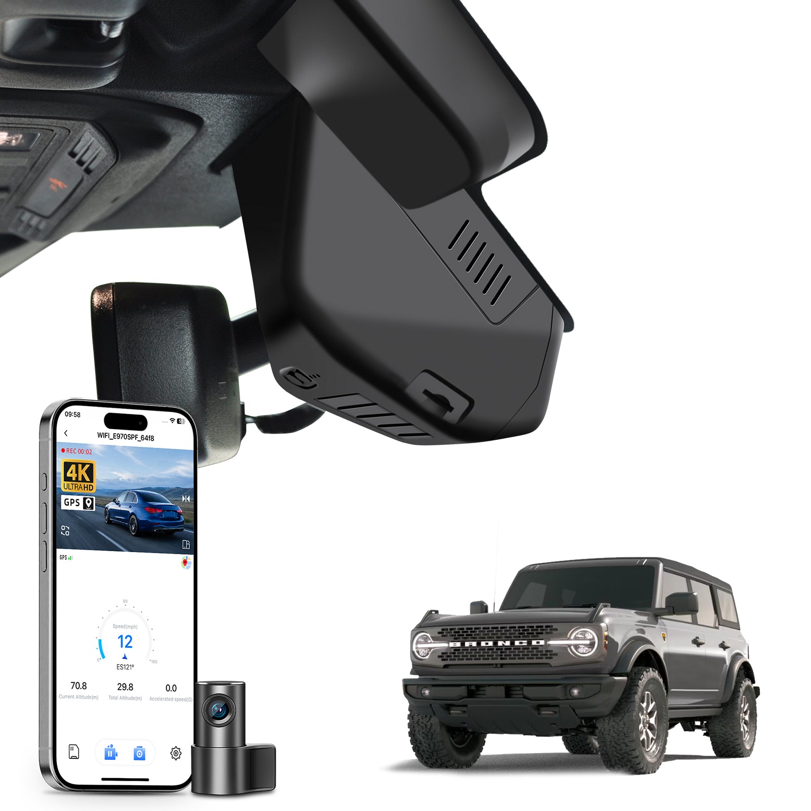 Mangoal 2 channel dash cam with STARVIS sensor, features smartphone app control, front 4K UHD and rear Full HD recording, GPS tracking, and Ford Bronco models in the background.