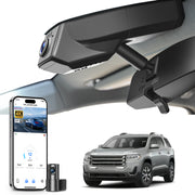 Mangoal 2 channel dash cam with STARVIS sensor, features smartphone app control, front 4K UHD and rear Full HD recording, GPS tracking, and GMC Acadia models in the background.