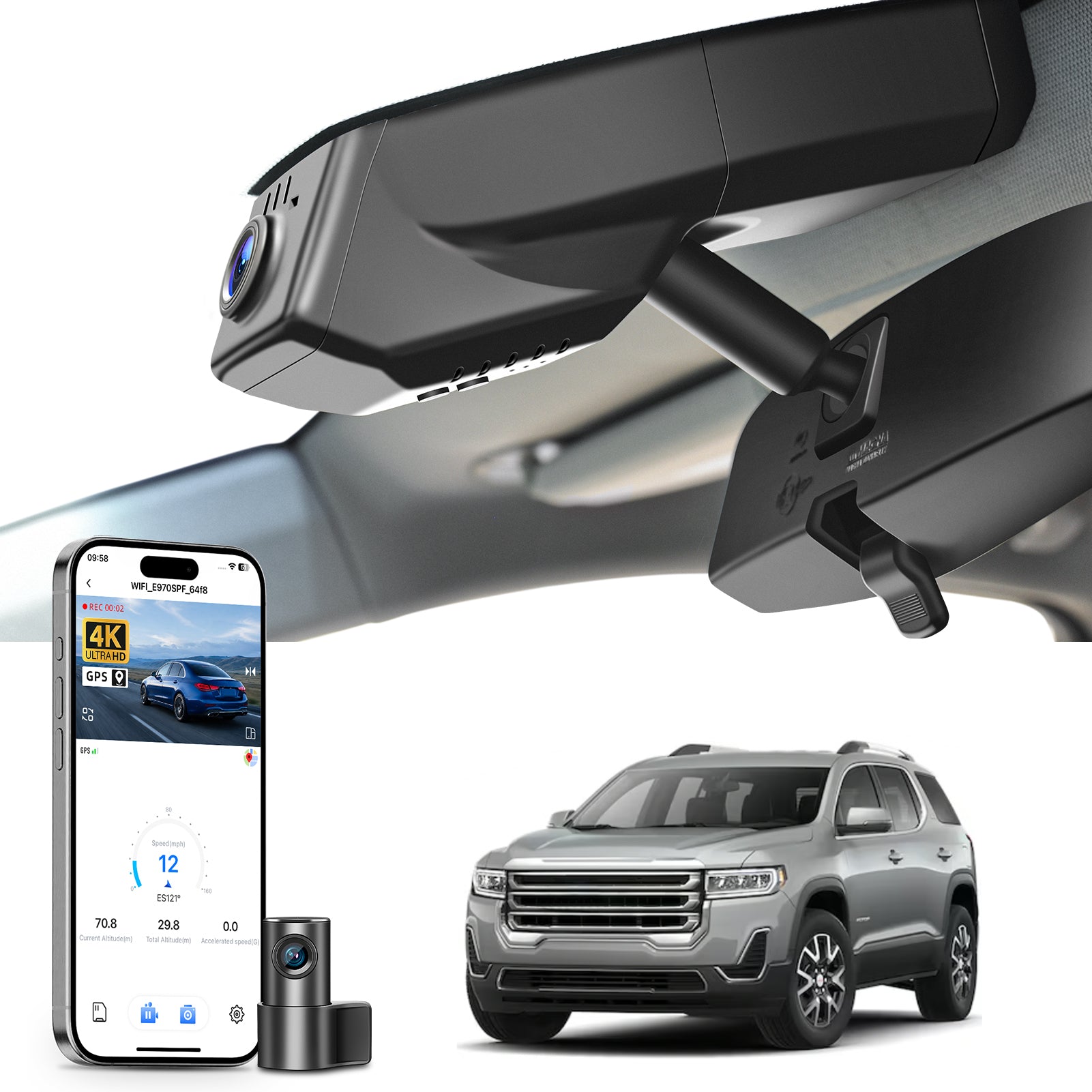 Mangoal 2 channel dash cam with STARVIS sensor, features smartphone app control, front 4K UHD and rear Full HD recording, GPS tracking, and GMC Acadia models in the background.