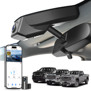 Mangoal 2 channel dash cam with STARVIS sensor, features smartphone app control, front 4K UHD and rear Full HD recording, GPS tracking, and GMC Sierra models in the background.