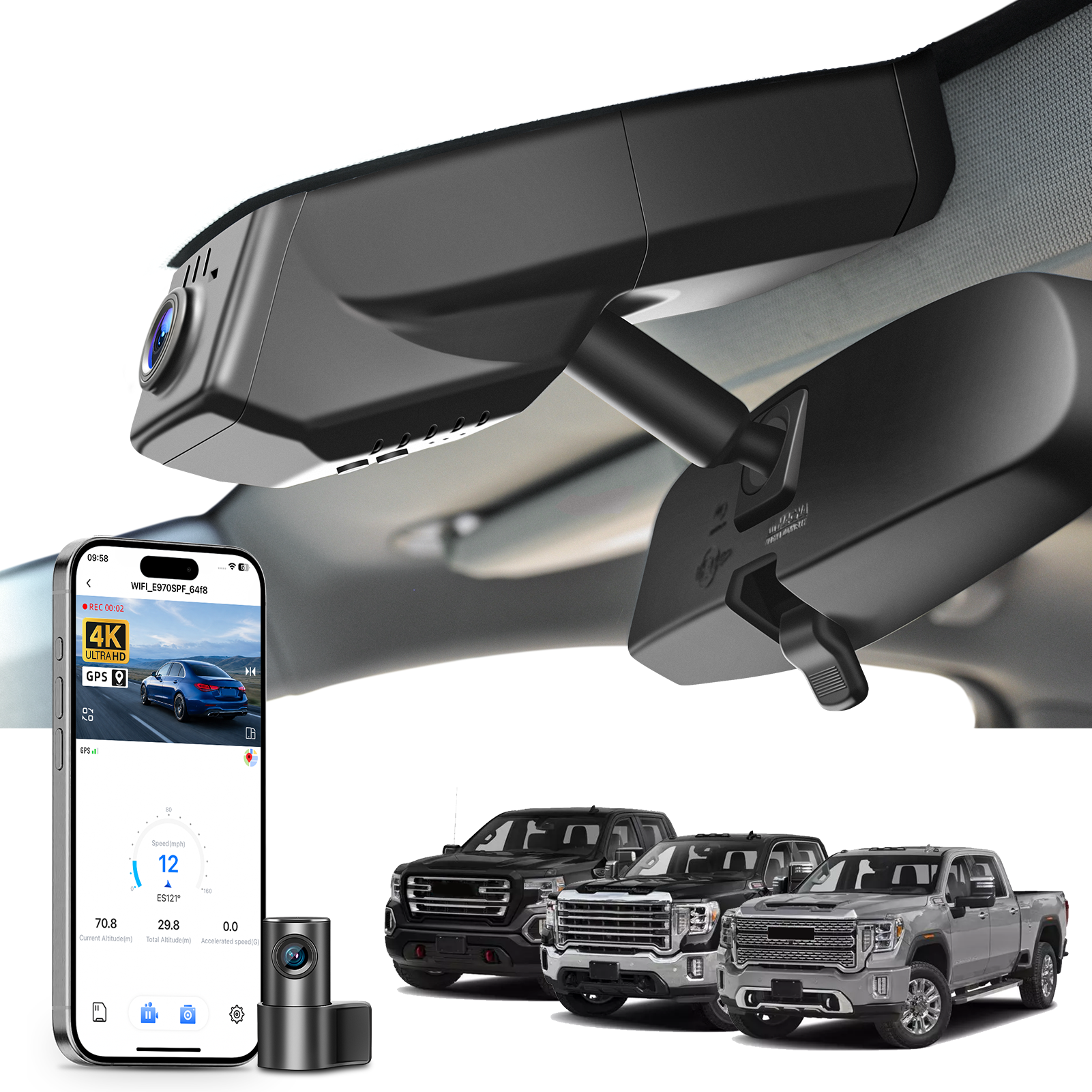 Mangoal 2 channel dash cam with STARVIS sensor, features smartphone app control, front 4K UHD and rear Full HD recording, GPS tracking, and GMC Sierra models in the background.