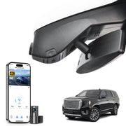 Mangoal 2 channel dash cam with STARVIS sensor, features smartphone app control, front 4K UHD and rear Full HD recording, GPS tracking, and GMC Yukon models in the background.