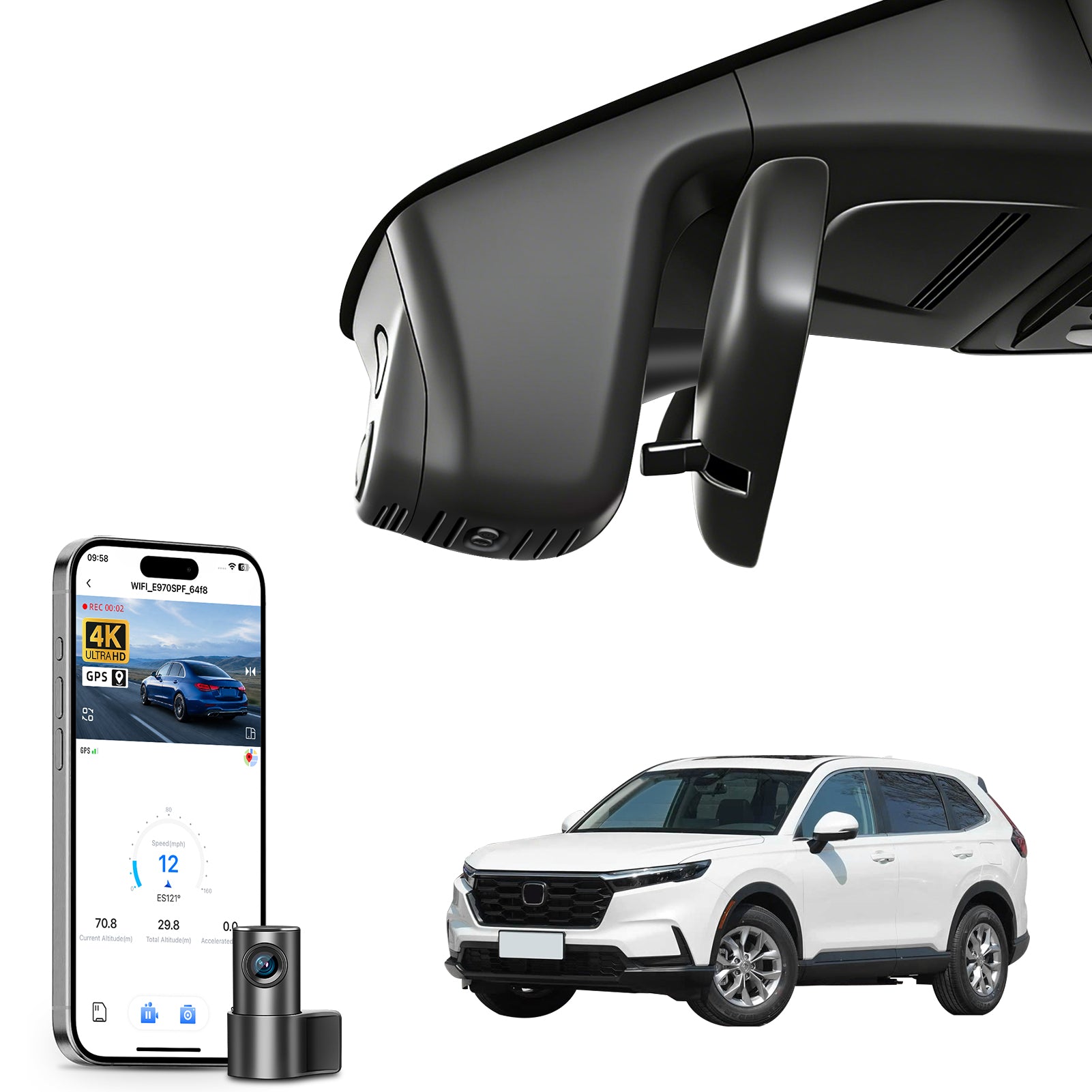 Mangoal 2 channel dash cam with STARVIS sensor, features smartphone app control, front 4K UHD and rear Full HD recording, GPS tracking and Honda CRV models in the background.