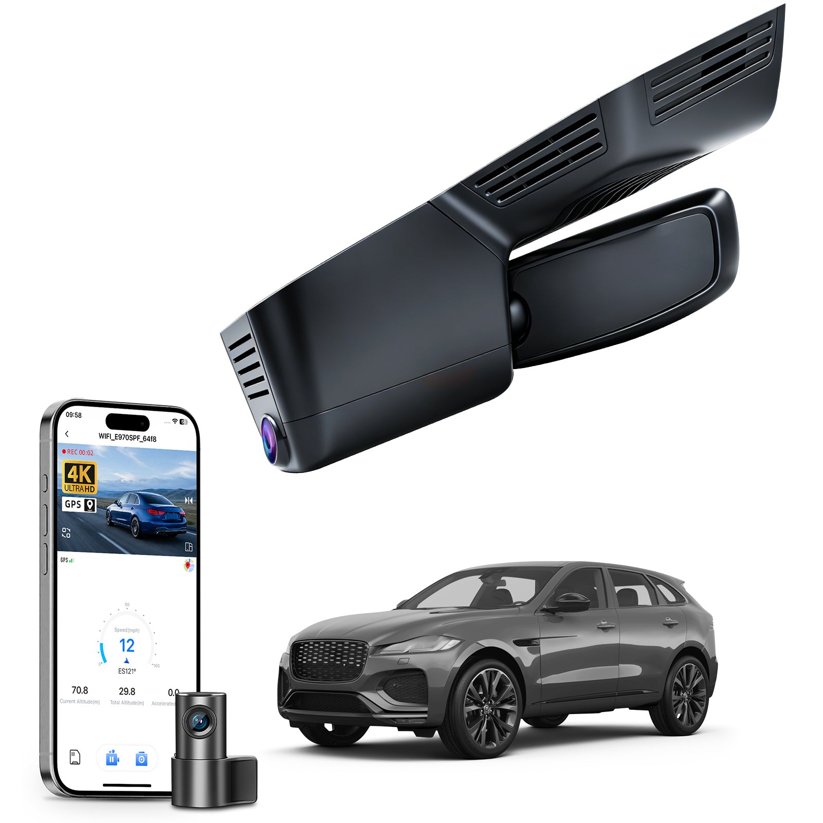 Mangoal 2 channel dash cam with STARVIS sensor, features smartphone app control, front 4K UHD and rear Full HD recording, GPS tracking and Jaguar F Type models in the background.