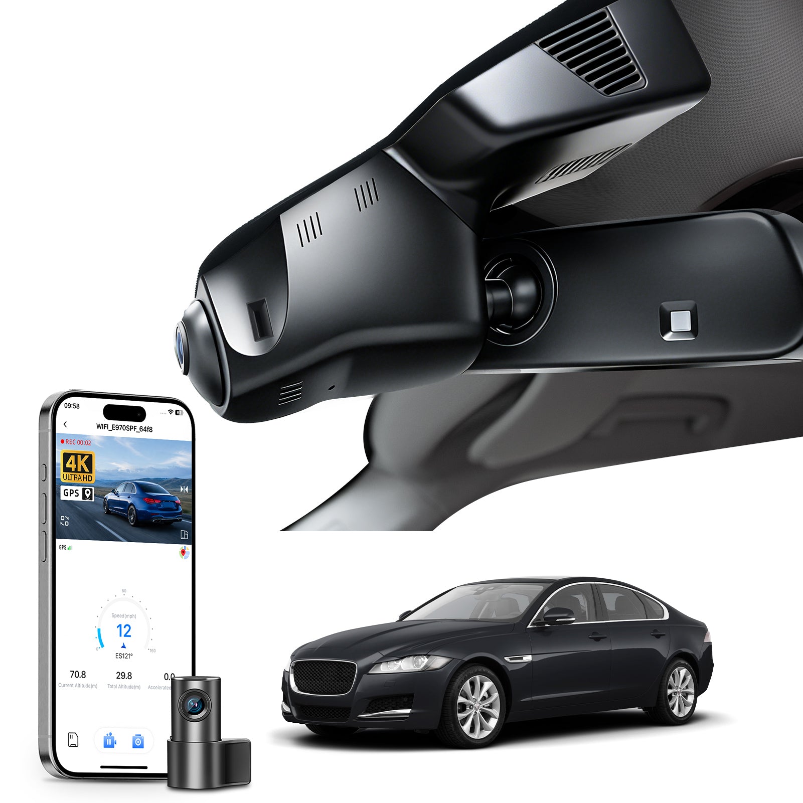 Mangoal 2 channel dash cam with STARVIS sensor, features smartphone app control, front 4K UHD and rear Full HD recording, GPS tracking andJaguar XF models in the background.