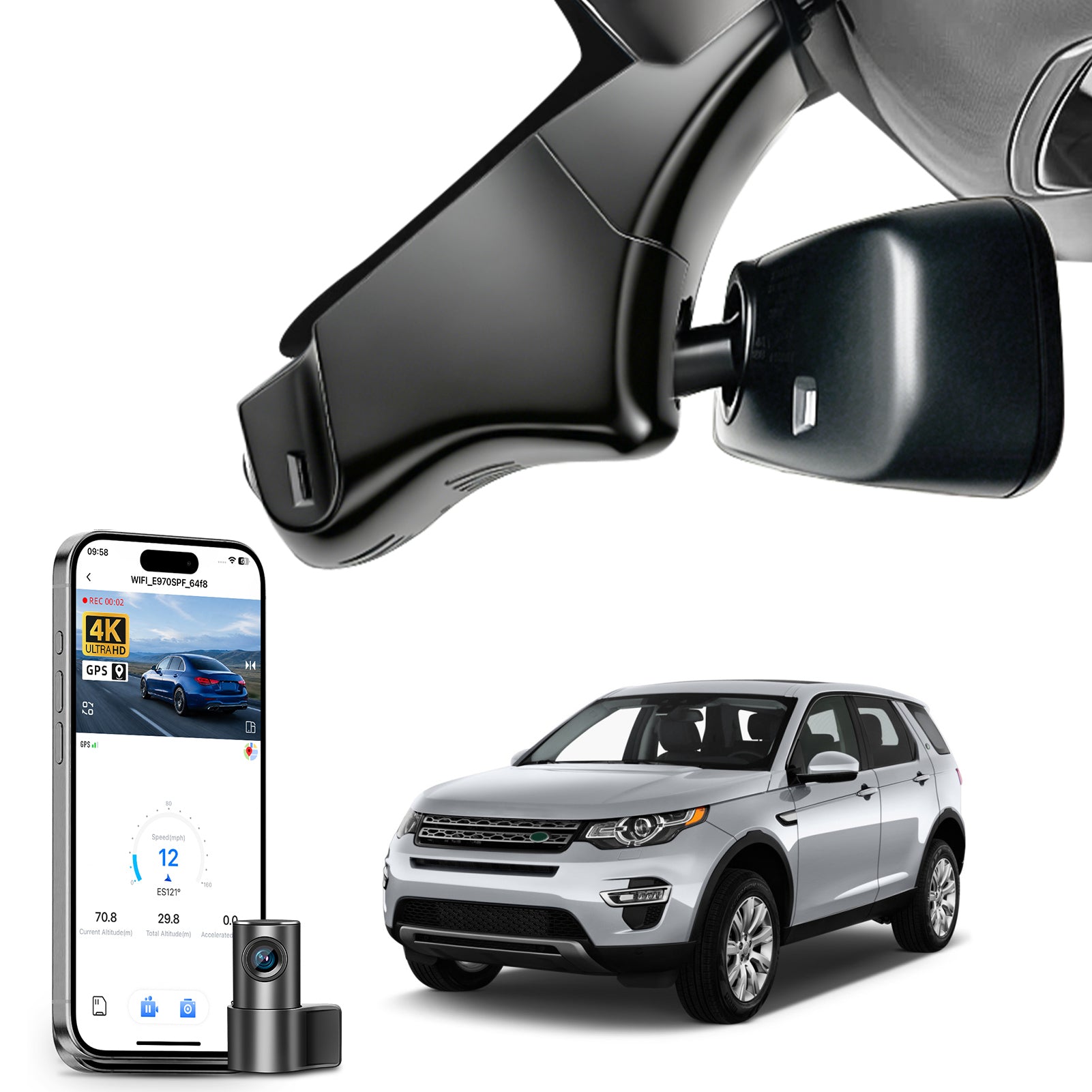 Mangoal 2 channel dash cam with STARVIS sensor, features smartphone app control, front 4K UHD and rear Full HD recording, GPS tracking, and Land Rover Discovery Sport models in the background. 