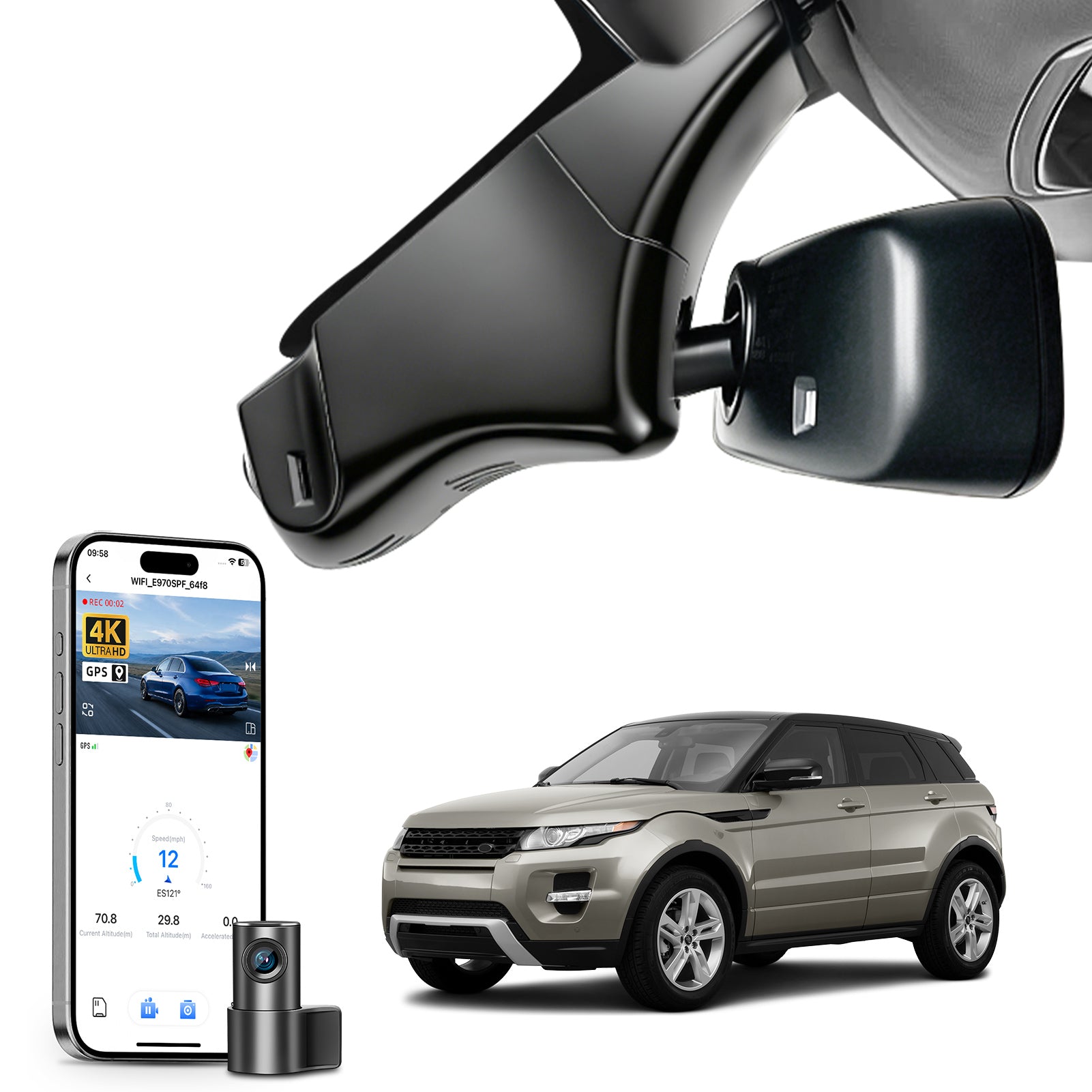 Mangoal 2 channel dash cam with STARVIS sensor, features smartphone app control, front 4K UHD and rear Full HD recording, GPS tracking and Land Rover Range Rover Evoque models in the background. 