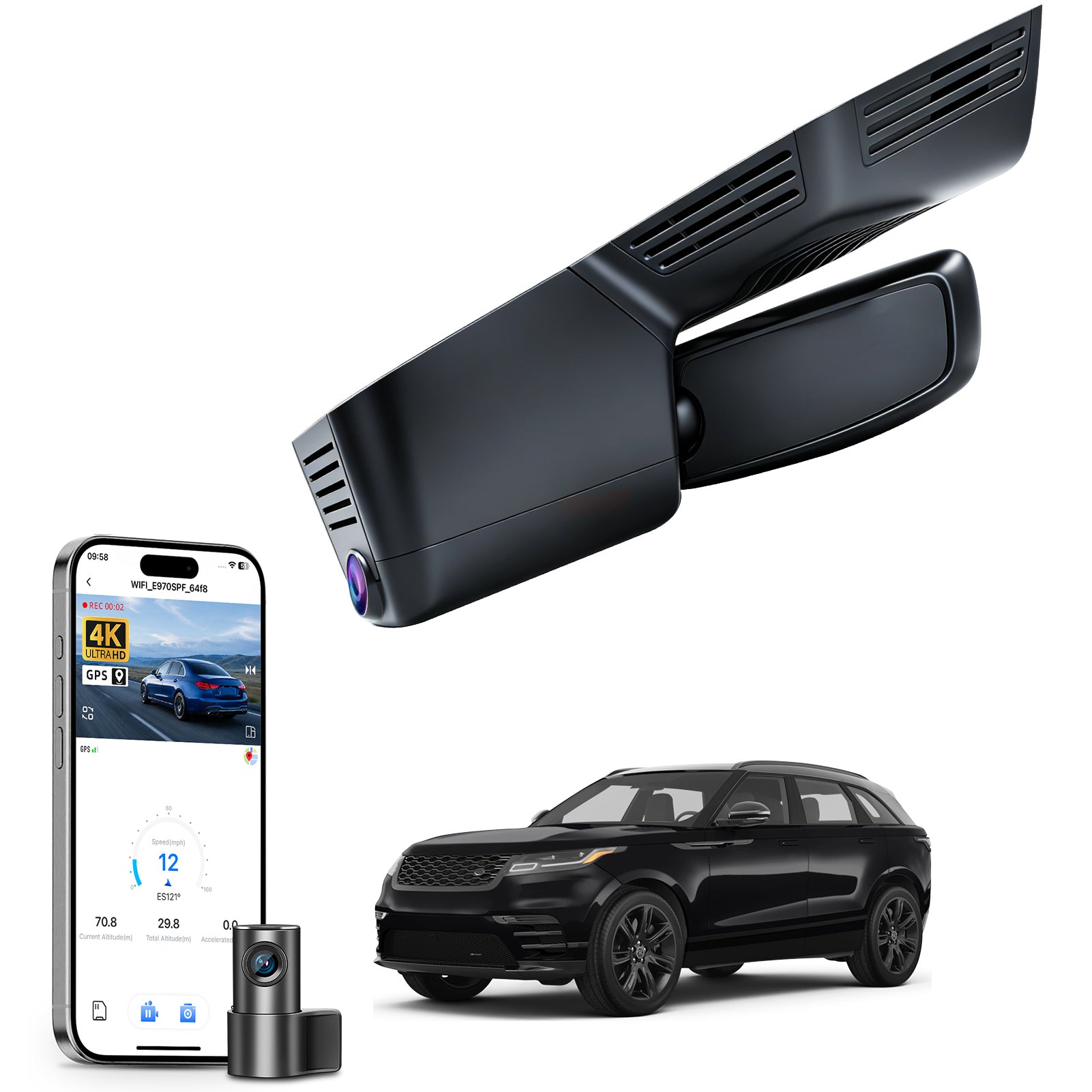 Mangoal 2 channel dash cam with STARVIS sensor, features smartphone app control, front 4K UHD and rear Full HD recording, GPS tracking and Land Rover Range Roverr Velar models in the background.