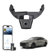 Mangoal 2 channel dash cam with STARVIS sensor, features smartphone app control, front 4K UHD and rear Full HD recording, GPS tracking, and Mazda 3 models in the background.