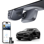 Mangoal 2 channel dash cam with STARVIS sensor, features smartphone app control, front 4K UHD and rear Full HD recording, GPS tracking, and Mazda CX-30 models in the background.