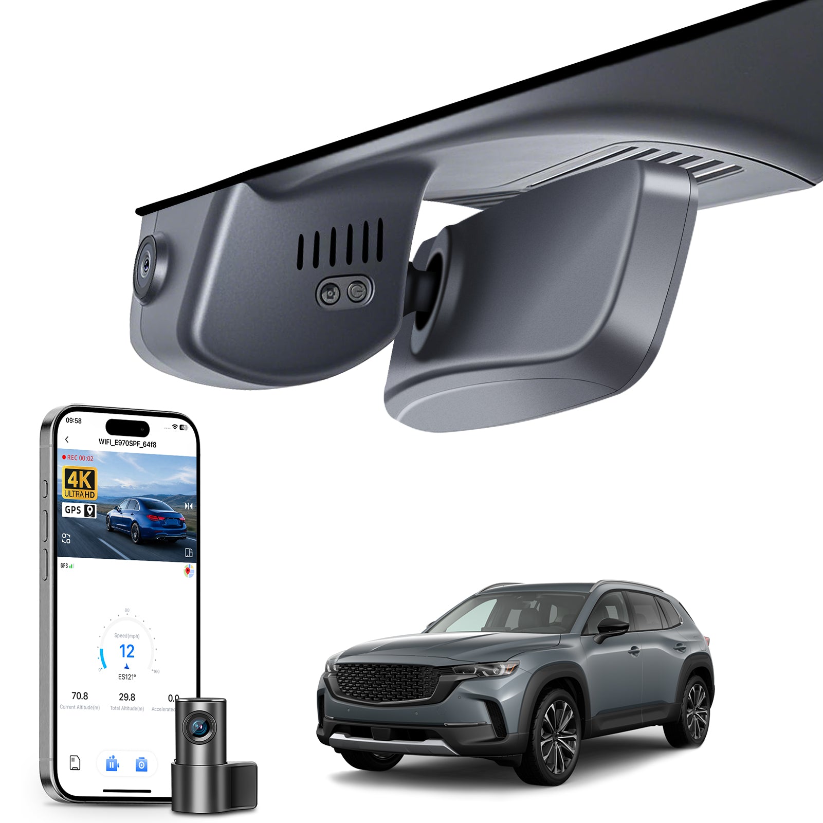 Mangoal 2 channel dash cam with STARVIS sensor, features smartphone app control, front 4K UHD and rear Full HD recording, GPS tracking, and Mazda CX-30 models in the background.