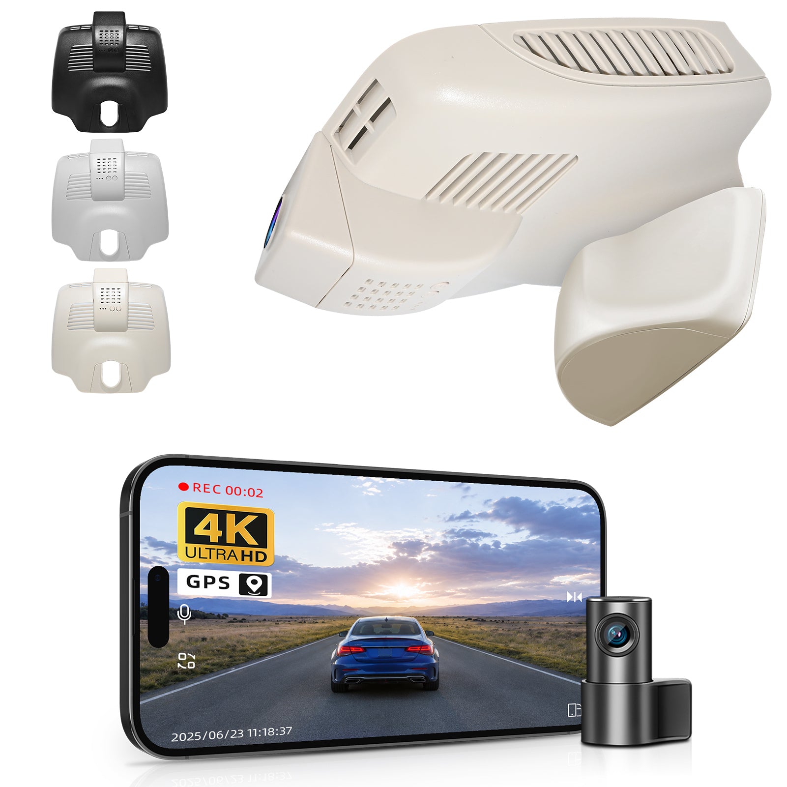 Mangoal 2 channel dash cam with STARVIS sensor, features smartphone app control, front 4K UHD and rear Full HD recording, GPS tracking, and Mercedes-Benz E-Class in the background.