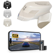 Mangoal 2 channel dash cam with STARVIS sensor, features smartphone app control, front 4K UHD and rear Full HD recording, GPS tracking, and Mercedes-Benz E-Class in the background.