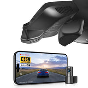Mangoal 2 channel dash cam with STARVIS sensor, features smartphone app control, front 4K UHD and rear Full HD recording, GPS tracking, and Mercedes-Benz E-Class Gen6 in the background.