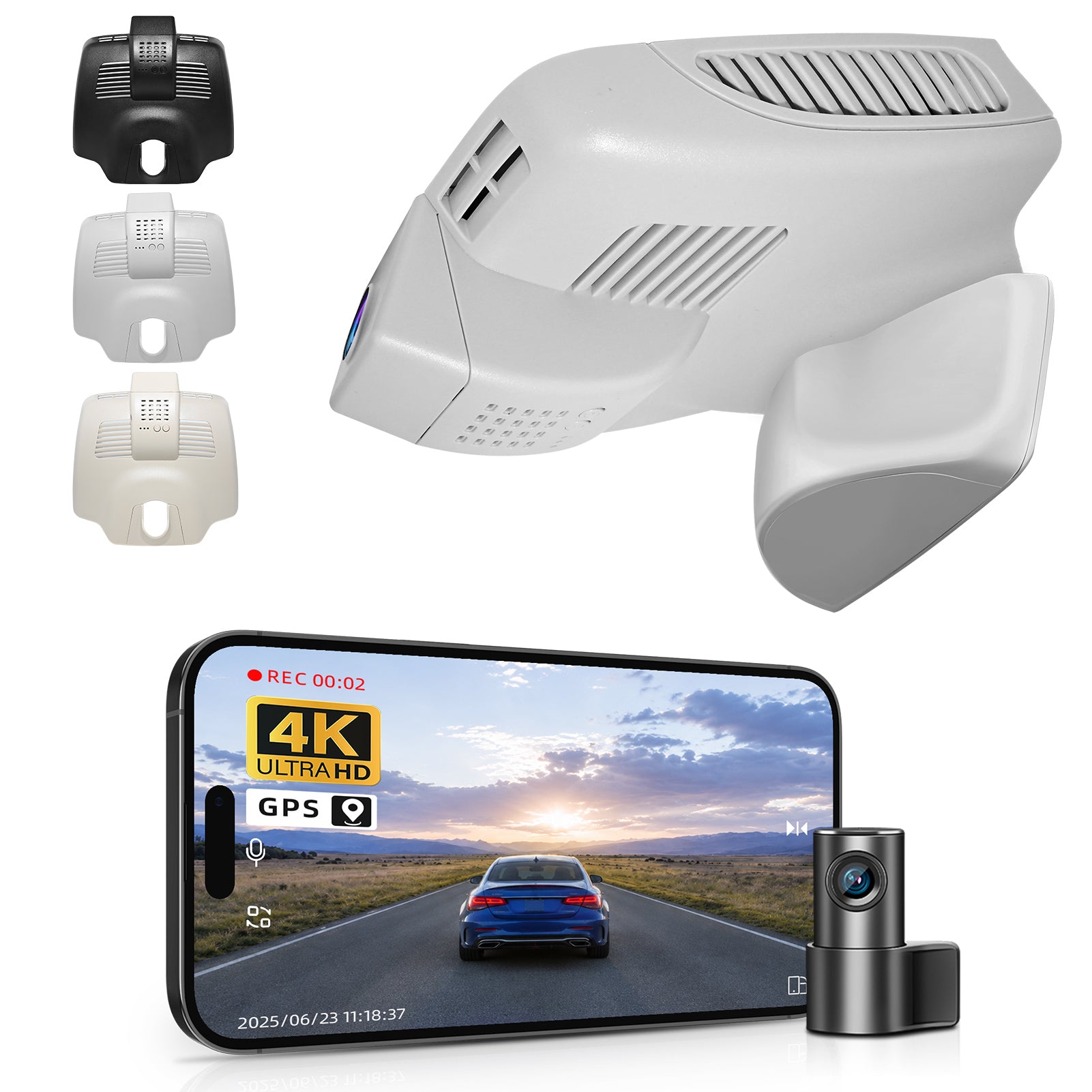 Mangoal 2 channel dash cam with STARVIS sensor, features smartphone app control, front 4K UHD and rear Full HD recording, GPS tracking, and Mercedes-Benz E-Class in the background.