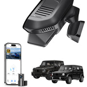 Mangoal 2 channel dash cam with STARVIS sensor, features smartphone app control, front 4K UHD and rear Full HD recording, GPS tracking, and Mercedes-Benz G-Class in the background.