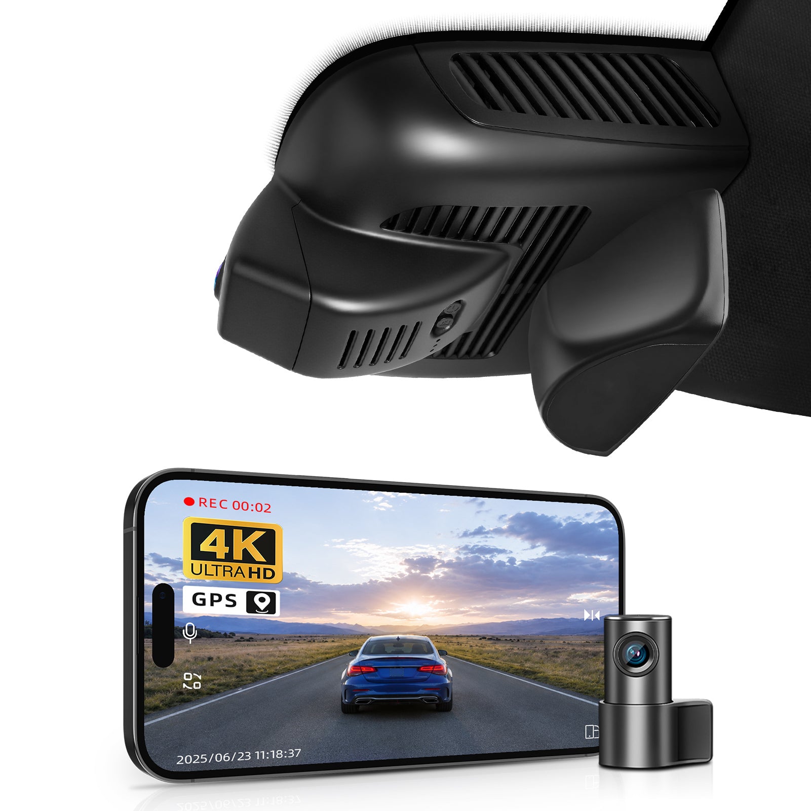 Mangoal 2 channel dash cam with STARVIS sensor, features smartphone app control, front 4K UHD and rear Full HD recording, GPS tracking, and Mercedes-Benz GLB in the background.