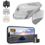 Mangoal 2 channel dash cam with STARVIS sensor, features smartphone app control, front 4K UHD and rear Full HD recording, GPS tracking, and Mercedes-Benz GLC Gen1 in the background.