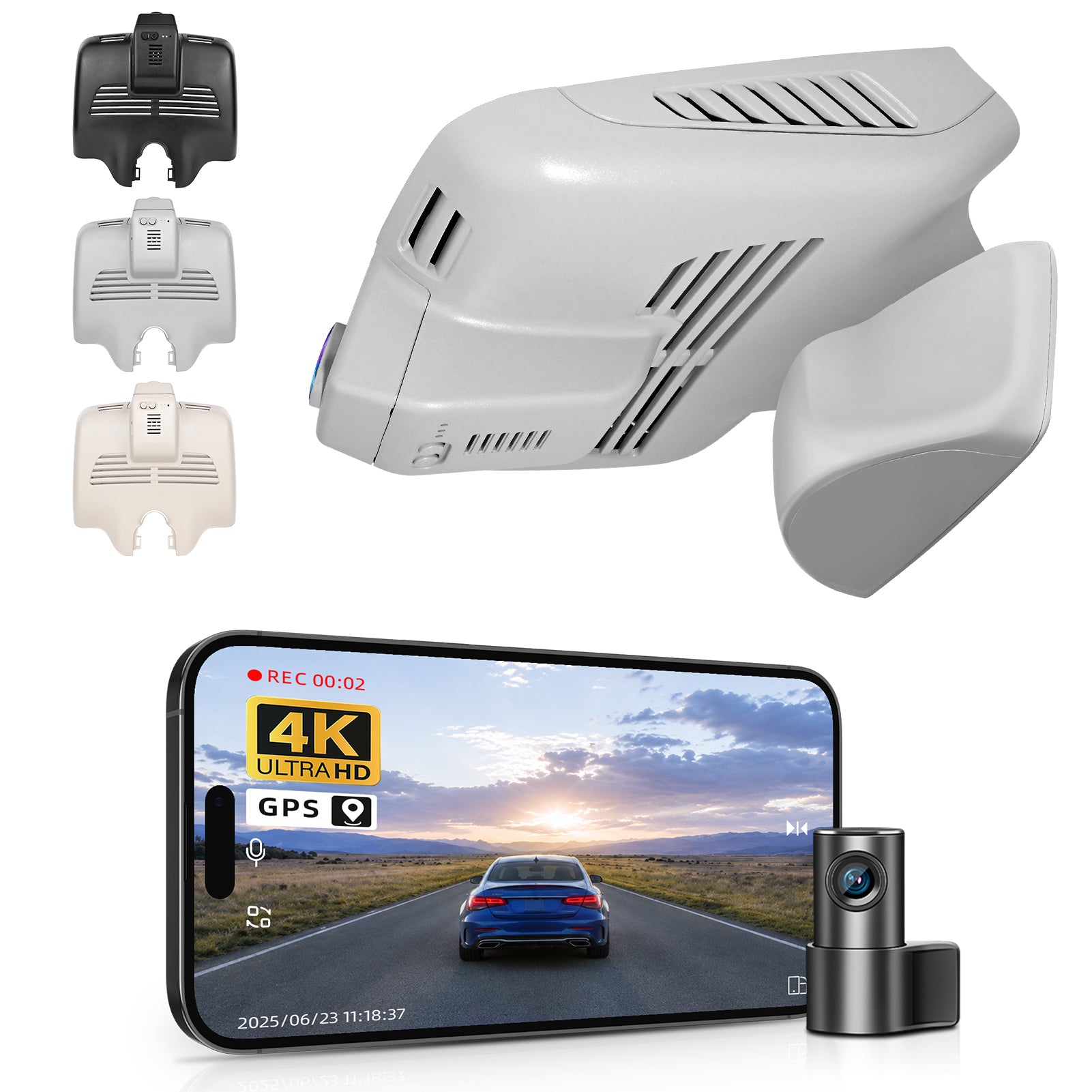 Mangoal 2 channel dash cam with STARVIS sensor, features smartphone app control, front 4K UHD and rear Full HD recording, GPS tracking, and Mercedes-Benz GLC Gen1 in the background.