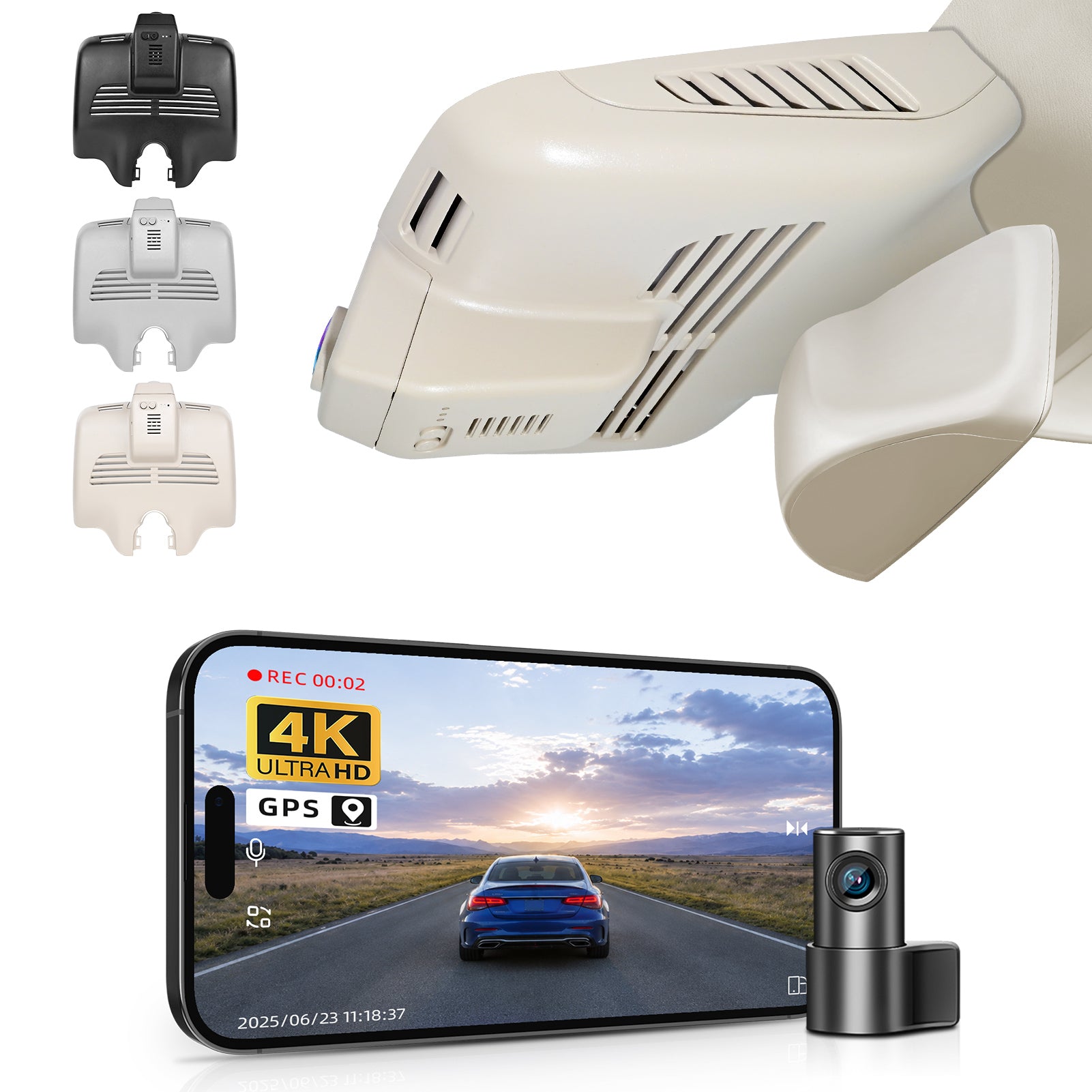 Mangoal 2 channel dash cam with STARVIS sensor, features smartphone app control, front 4K UHD and rear Full HD recording, GPS tracking, and Mercedes-Benz GLC Gen1 in the background.