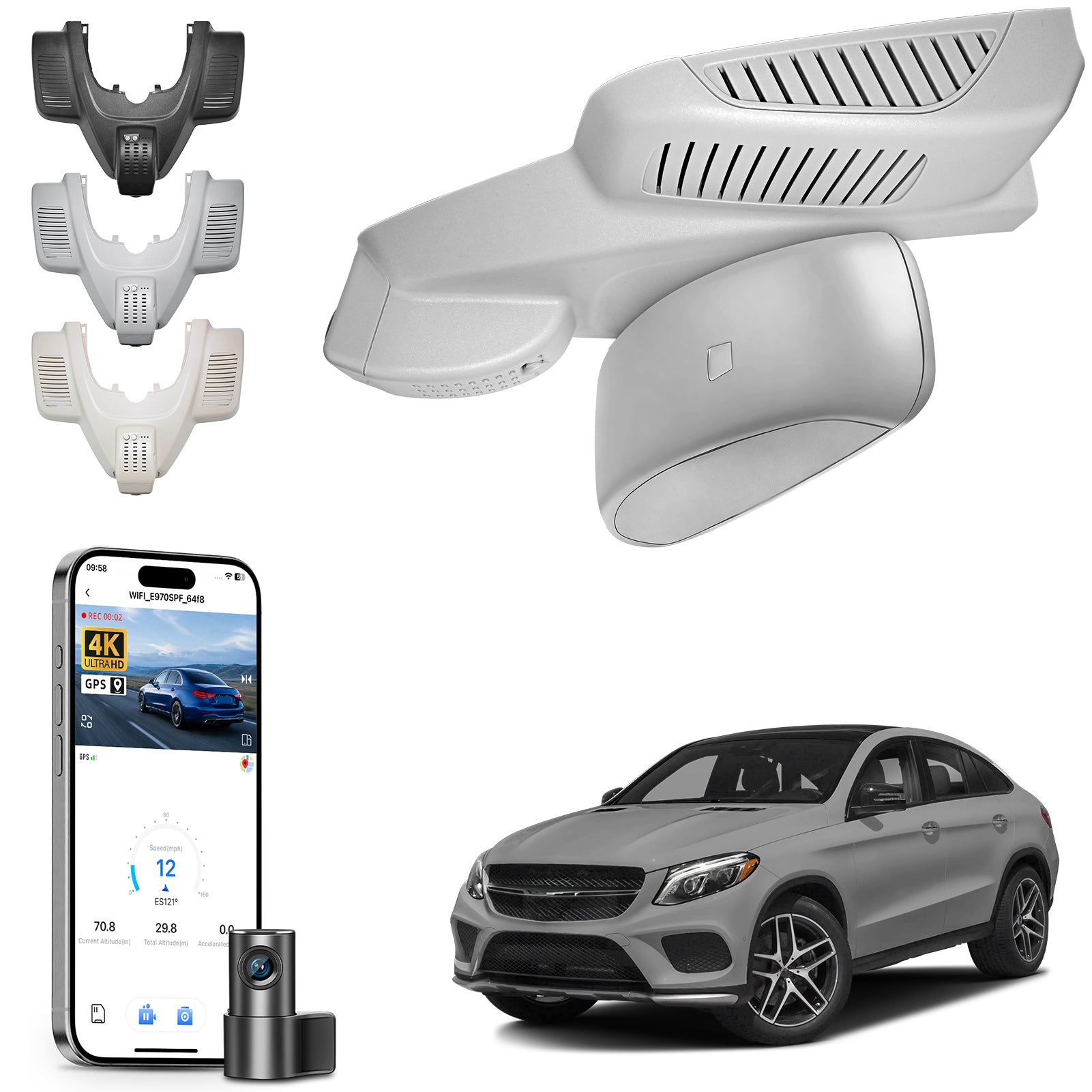 Mangoal 2 channel dash cam with STARVIS sensor, features smartphone app control, front 4K UHD and rear Full HD recording, GPS tracking, and Mercedes-Benz GLE in the background.