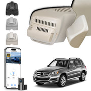 Mangoal 2 channel dash cam with STARVIS sensor, features smartphone app control, front 4K UHD and rear Full HD recording, GPS tracking, and Mercedes-Benz GLK in the background.