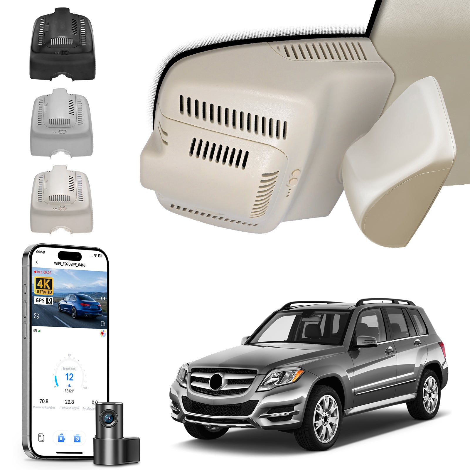 Mangoal 2 channel dash cam with STARVIS sensor, features smartphone app control, front 4K UHD and rear Full HD recording, GPS tracking, and Mercedes-Benz GLK in the background.