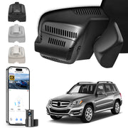 Mangoal 2 channel dash cam with STARVIS sensor, features smartphone app control, front 4K UHD and rear Full HD recording, GPS tracking, and Mercedes-Benz GLK in the background.