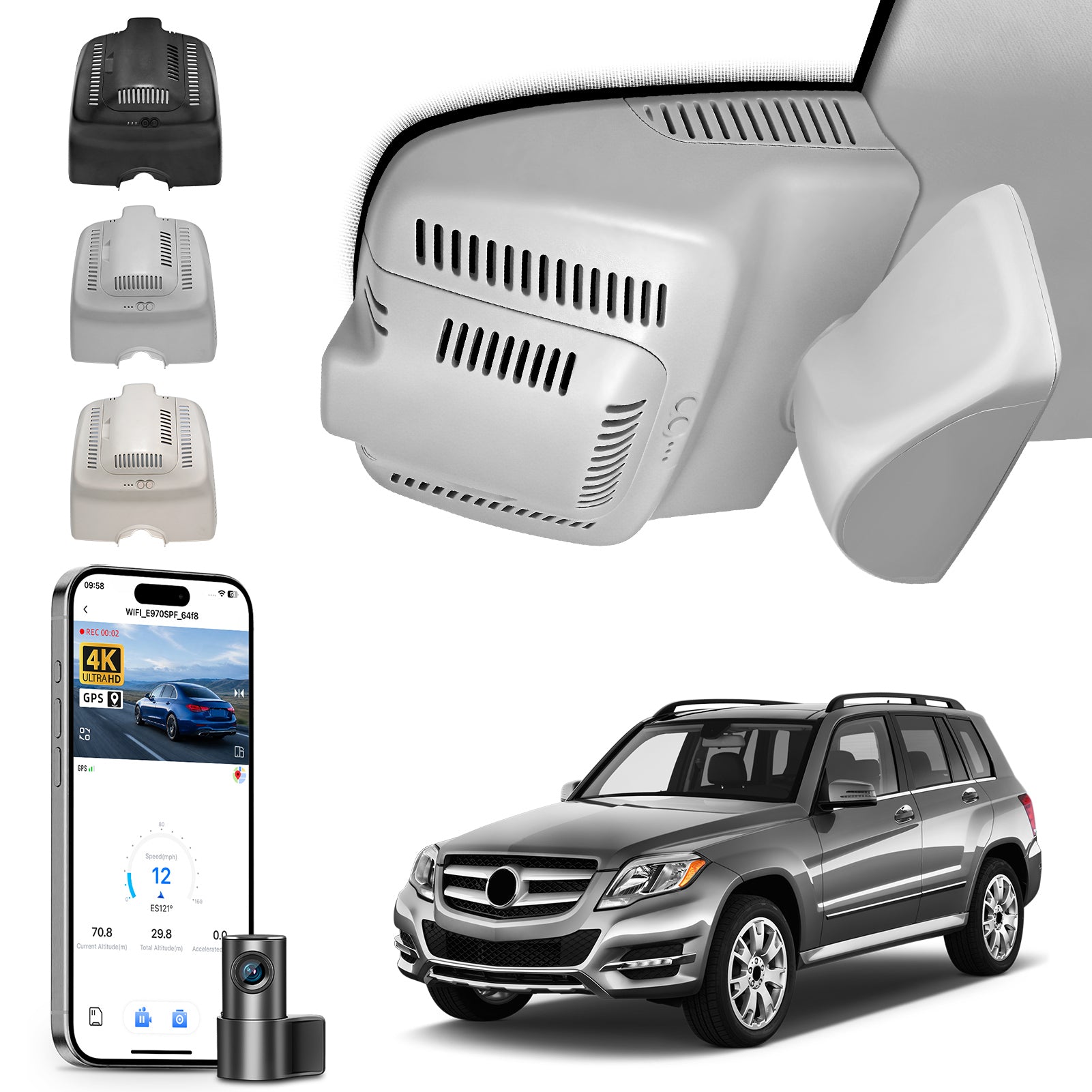 Mangoal 2 channel dash cam with STARVIS sensor, features smartphone app control, front 4K UHD and rear Full HD recording, GPS tracking, and Mercedes-Benz GLK in the background.