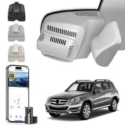 Mangoal 2 channel dash cam with STARVIS sensor, features smartphone app control, front 4K UHD and rear Full HD recording, GPS tracking, and Mercedes-Benz GLK in the background.