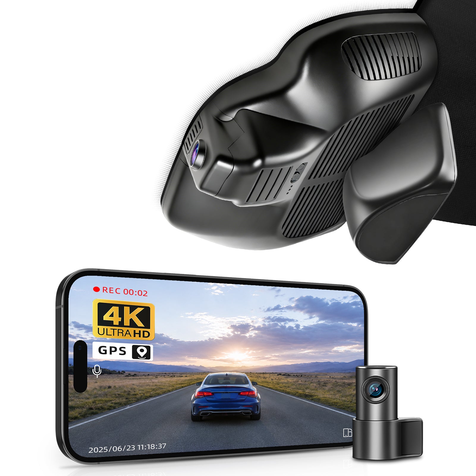 Mangoal 2 channel dash cam with STARVIS sensor, features smartphone app control, front 4K UHD and rear Full HD recording, GPS tracking and Mercedes-Benz GLC Gen2 models in the background.