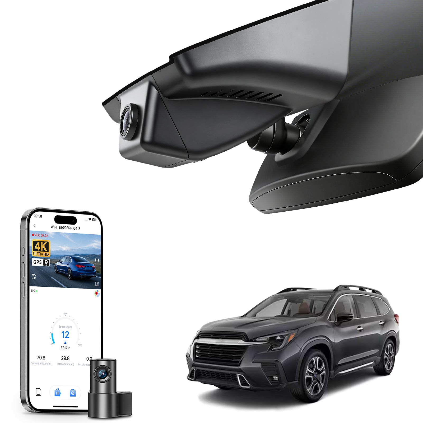 Mangoal 2 channel dash cam with STARVIS sensor, features smartphone app control, front 4K UHD and rear Full HD recording, GPS tracking, and Subaru Ascent in the background.