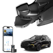 Mangoal 2 channel dash cam with STARVIS sensor, features smartphone app control, front 4K UHD and rear Full HD recording, GPS tracking, and Subaru Crosstrek in the background.