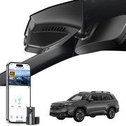 Mangoal 2 channel dash cam with STARVIS sensor, features smartphone app control, front 4K UHD and rear Full HD recording, GPS tracking, and Subaru Forester in the background.