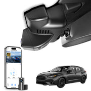 Mangoal 2 channel dash cam with STARVIS sensor, features smartphone app control, front 4K UHD and rear Full HD recording, GPS tracking, and Subaru Impreza in the background.