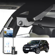 Mangoal 2 channel dash cam with STARVIS sensor, features smartphone app control, front 4K UHD and rear Full HD recording, GPS tracking, and Toyota Highlander in the background.