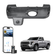 Mangoal 2 channel dash cam with STARVIS sensor, features smartphone app control, front 4K UHD and rear Full HD recording, GPS tracking, and Toyota Tacoma in the background.