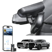 Mangoal 2 channel dash cam with STARVIS sensor, features smartphone app control, front 4K UHD and rear Full HD recording, GPS tracking, and Toyota Tundra Sequoia in the background.