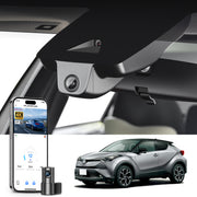 Mangoal 2 channel dash cam with STARVIS sensor, features smartphone app control, front 4K UHD and rear Full HD recording, GPS tracking, and Toyota C-HR in the background.